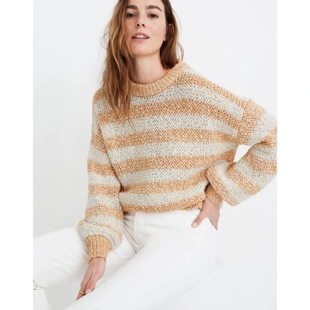 MADEWELL Baez Pullover Sweater in Stripe Marbled Caramel Size Extra Small - Picture 2 of 16